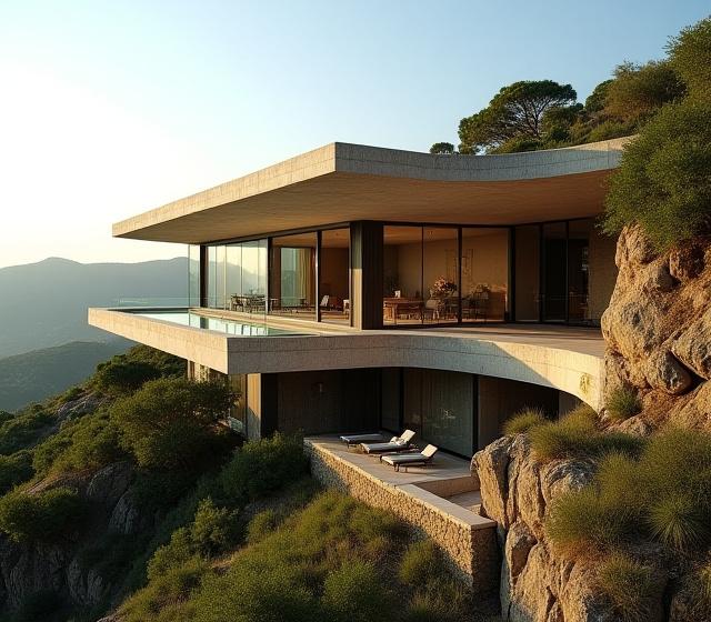 Contemporary hillside villa overlooking a valley, integrated with natural landscape