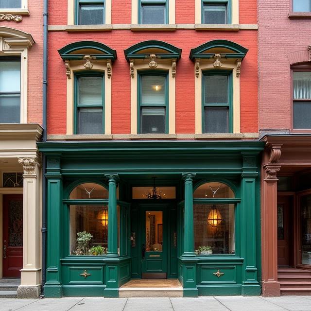 Restored historic building facade with intricate details and new signage