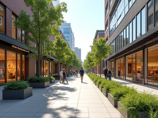 Modern retail boulevard with sleek storefronts and pedestrian-friendly design