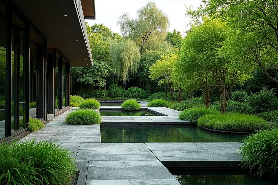 Lush modern landscape architecture with tiered gardens and a water feature next to a building