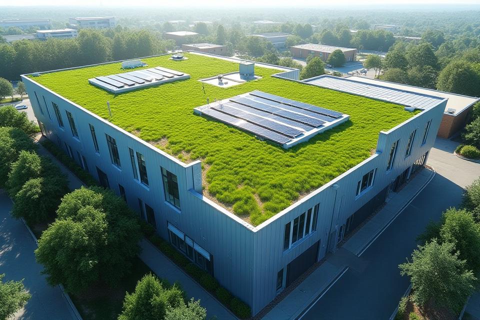 Green roof on a modern building with solar panels, demonstrating sustainable architecture